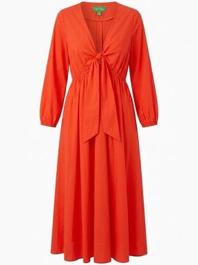 J. Crew (Beachwear) Bright Orange Long Sleeve Tie-Front Midi Dress 100% Cotton